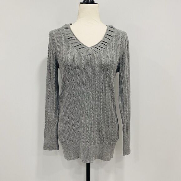EDDIE BAUER M Y2K Gray Cable Knit V-Neck Long-Sleeve Sweater Bella Swan Preppy - Picture 1 of 16